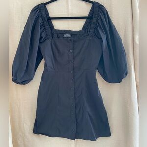 Danielle Bernstein WeWoreWhat puff sleeve button up black dress ￼